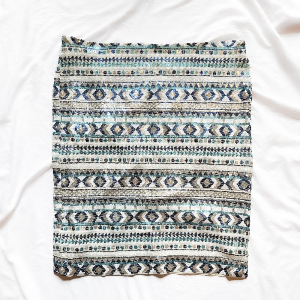 Mark Zunino Sequined Aztec Skirt Blue & Gold Stretchy Pencil Skirt Size 14 Boho